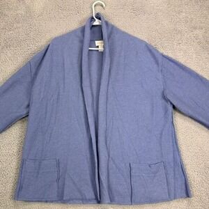 Chicos Wool Cardigan Sweater Womens 1 Open Front Blue Shawl Collar Pocket Ladies